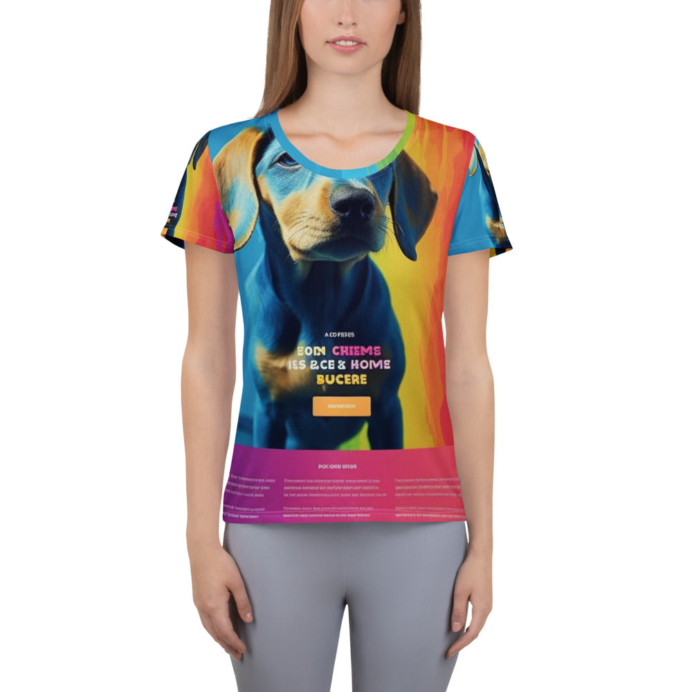Front of a women's athletic t-shirt printed all over with a customer photo