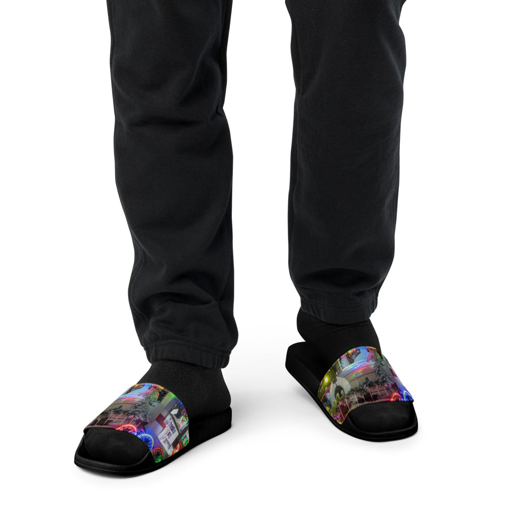 Pair of men's slides with a customer photo printed across the cushioned upper straps