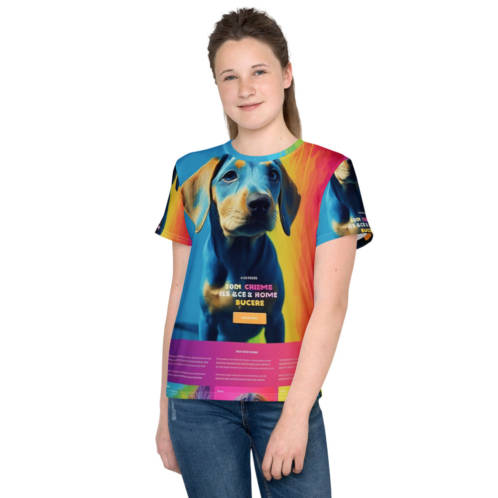 Front of a youth crew neck t-shirt printed all over with a customer photo