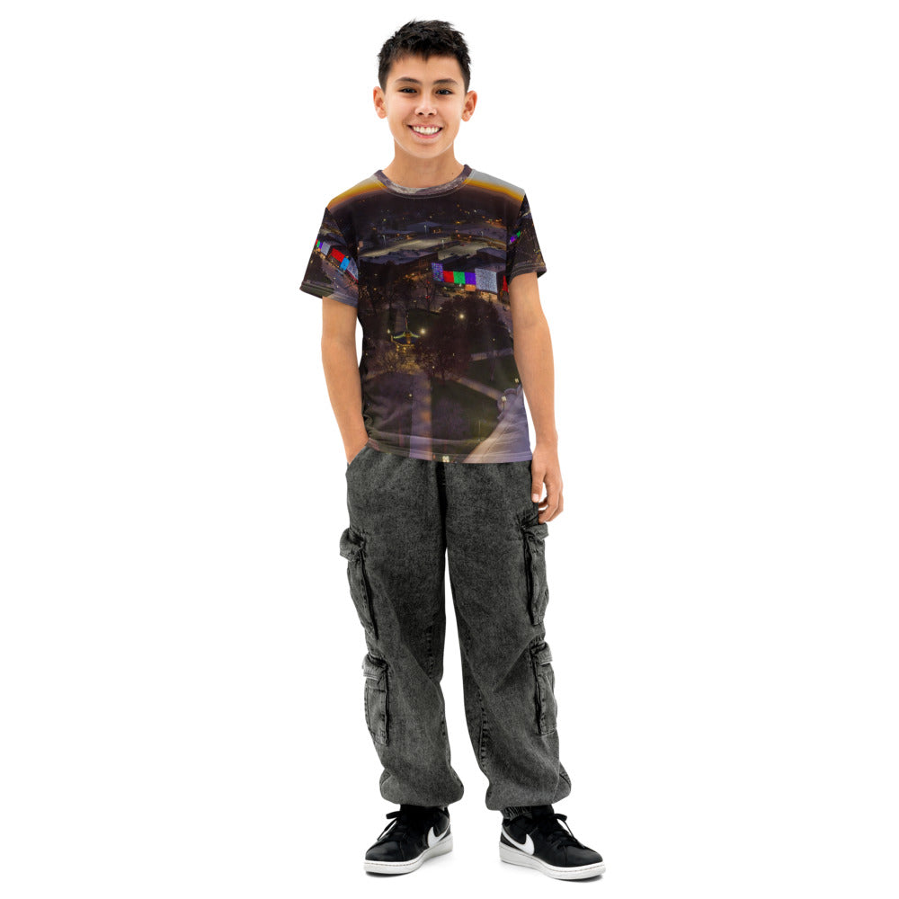 Front of a youth crew neck t-shirt printed all over with a customer photo