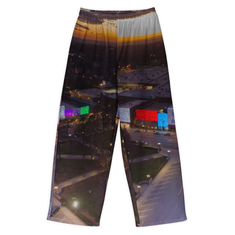 Front view of unisex cotton wide-leg pants printed all over with a customer photo