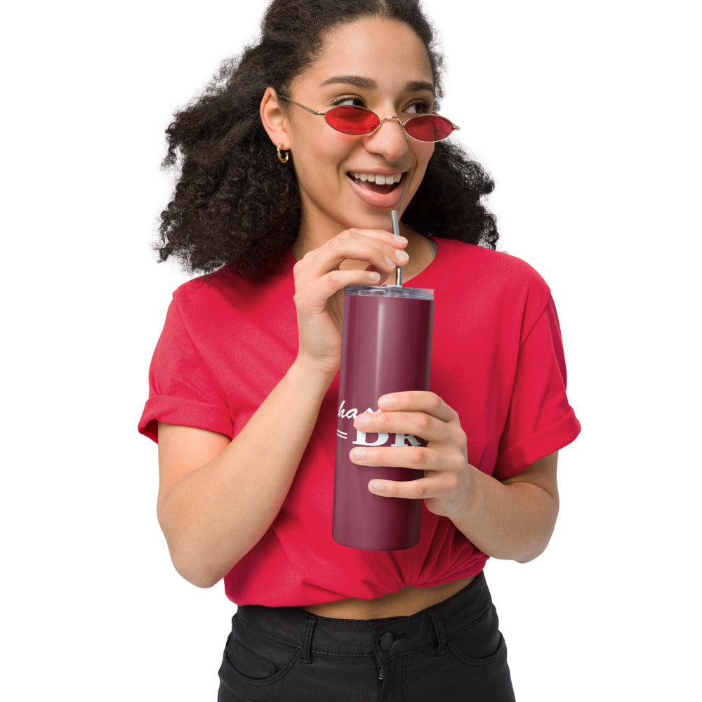 Black 20 oz stainless steel tumbler printed with a customer photo, with lid and metal straw