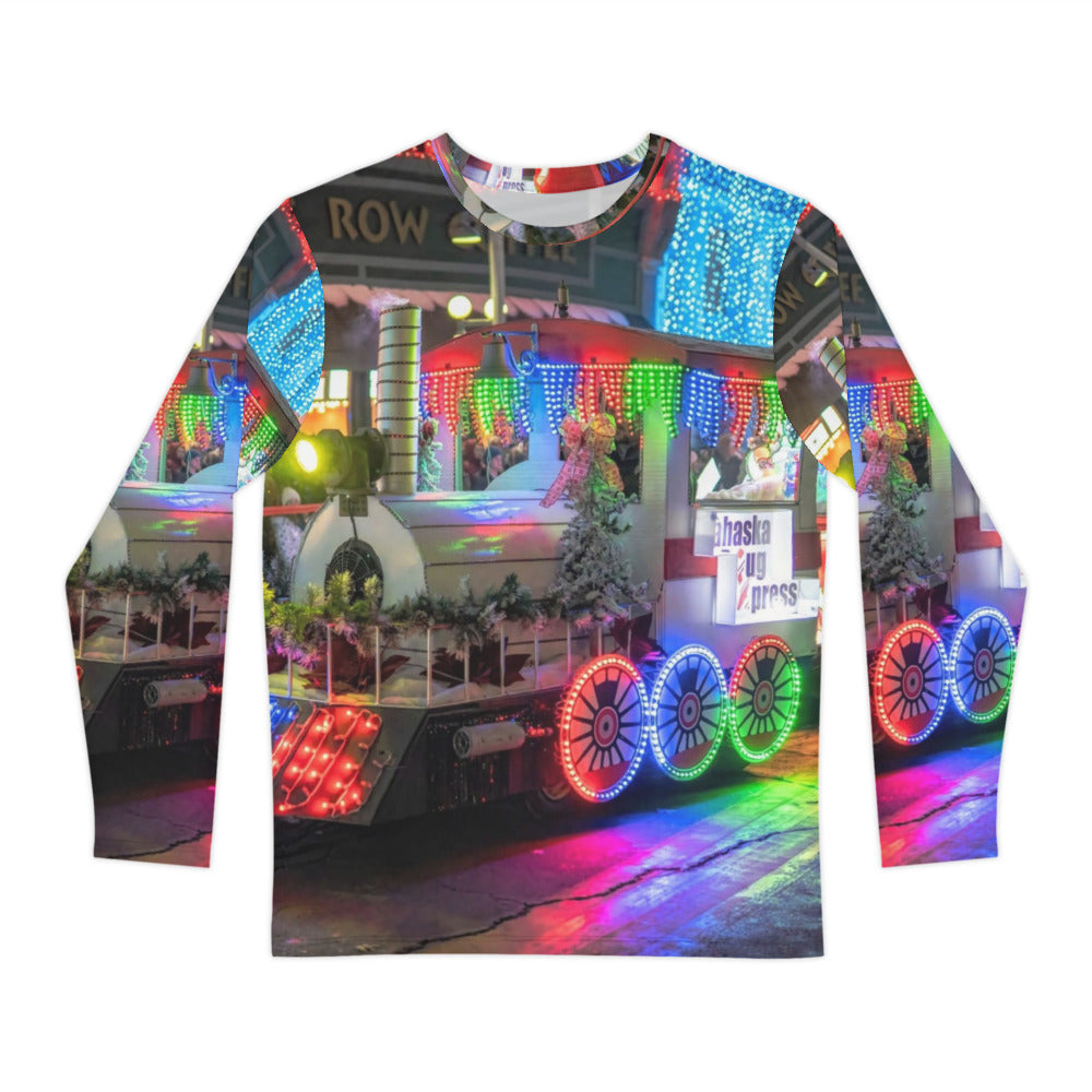 Front of a men's long sleeve shirt printed all over with a customer photo