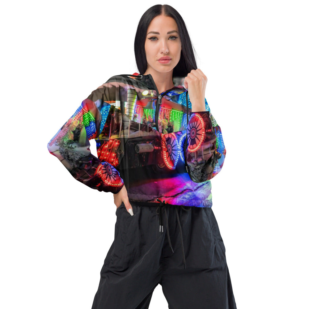 Front of a women's cropped windbreaker with a customer photo printed all over it