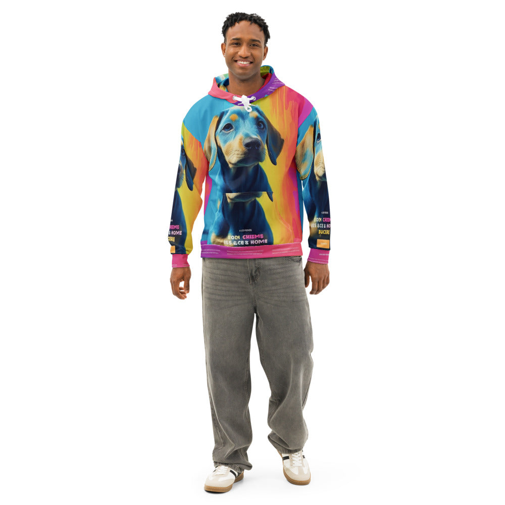 Front of a cotton hoodie printed all over with a customer photo