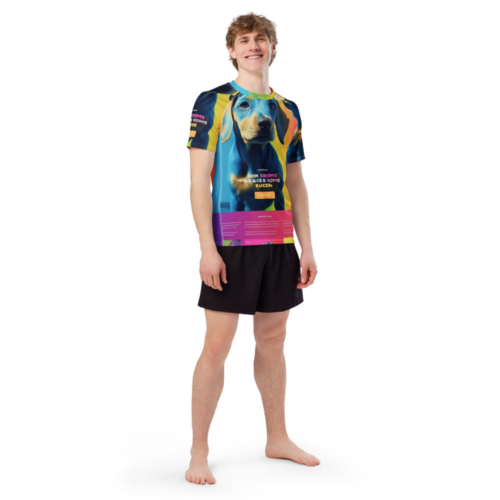 Front of a men's short sleeve rash guard printed all over with a customer photo