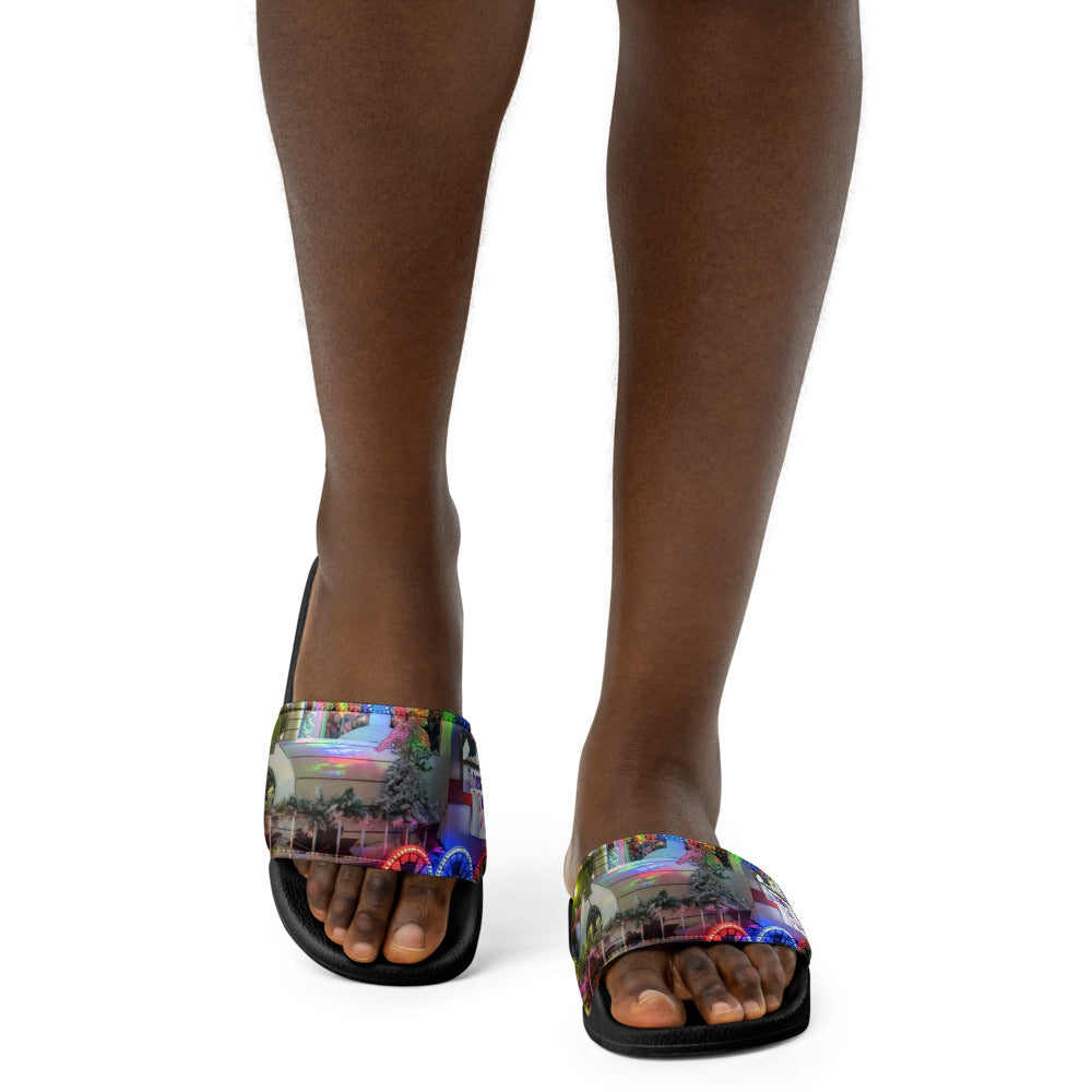 Pair of women's slides with a customer photo printed on the upper straps