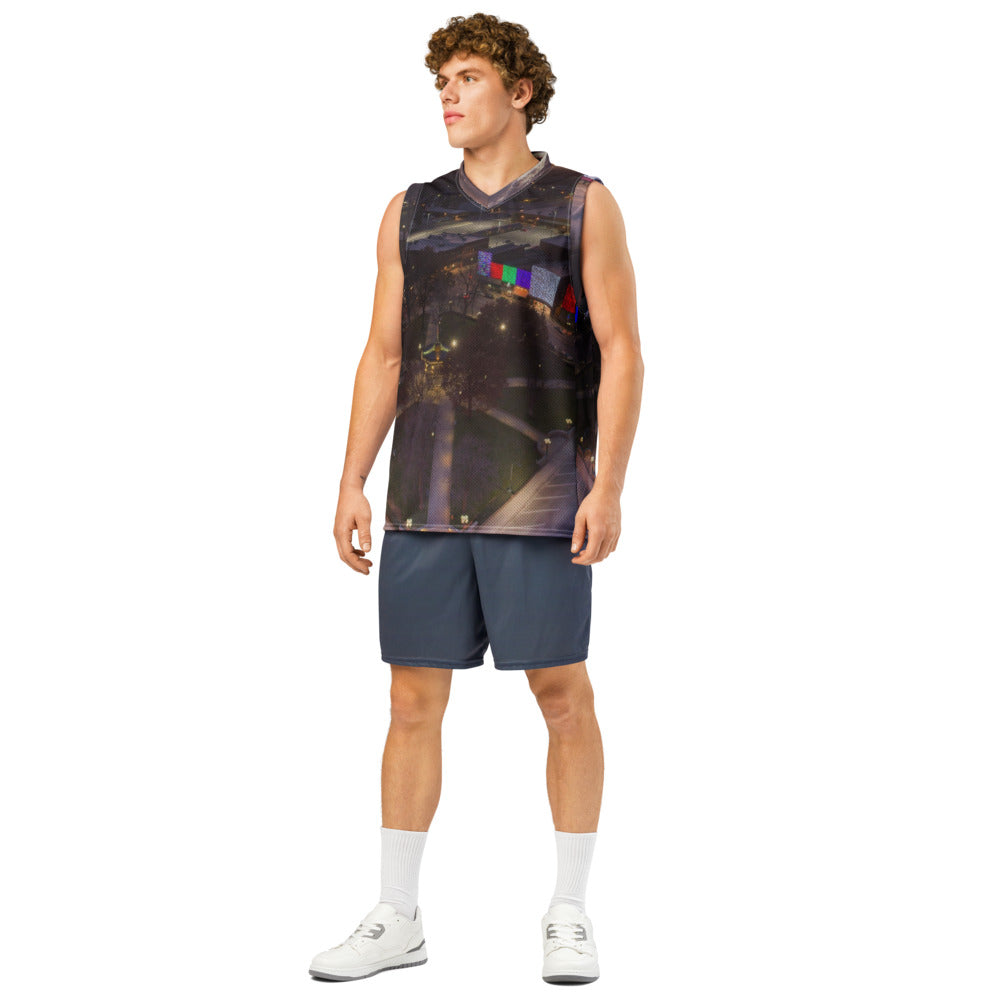 Front of a heavyweight mesh basketball jersey printed all over with a customer photo