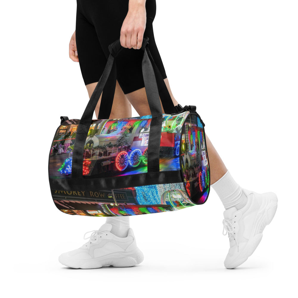 Custom gym bag with a customer photo printed all over the front