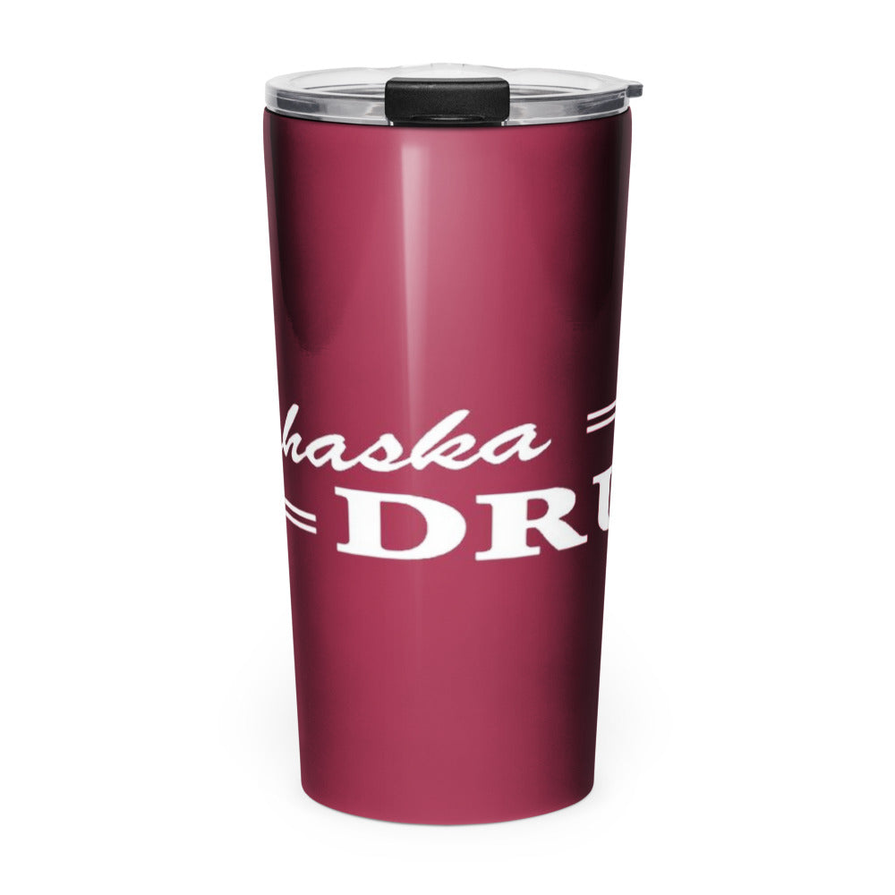 White 20 oz tapered stainless steel tumbler with a customer photo printed on the front and a clear press-in lid