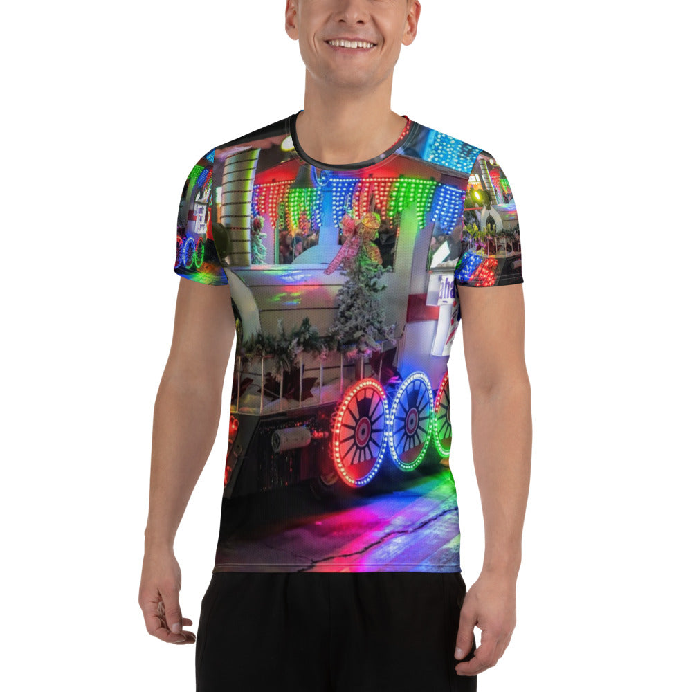 Front of a men's athletic mesh t-shirt printed all over with a customer photo