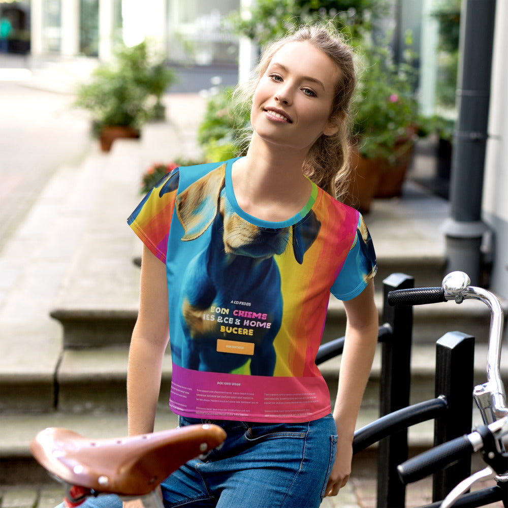 Front of a custom all-over print crop tee printed with a customer photo