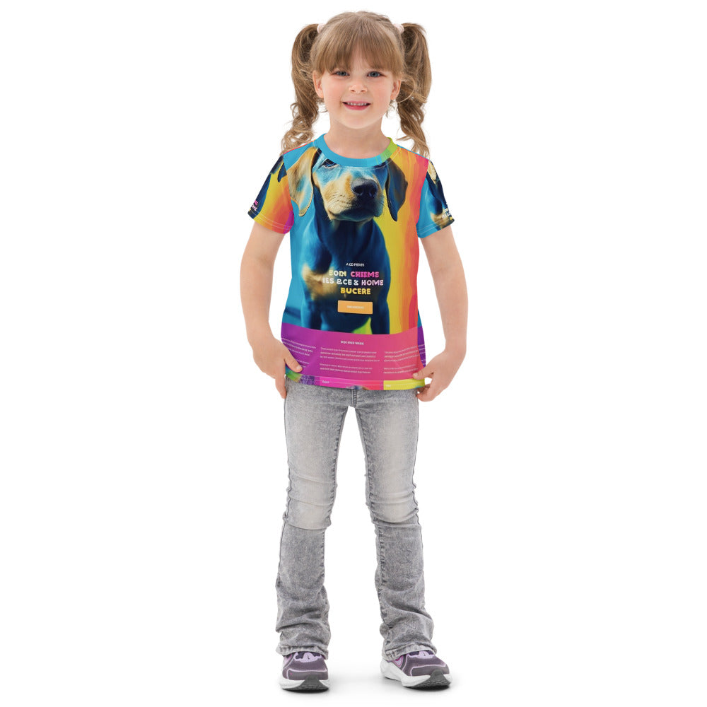 Front of a kids crew neck t-shirt printed all over with a customer photo