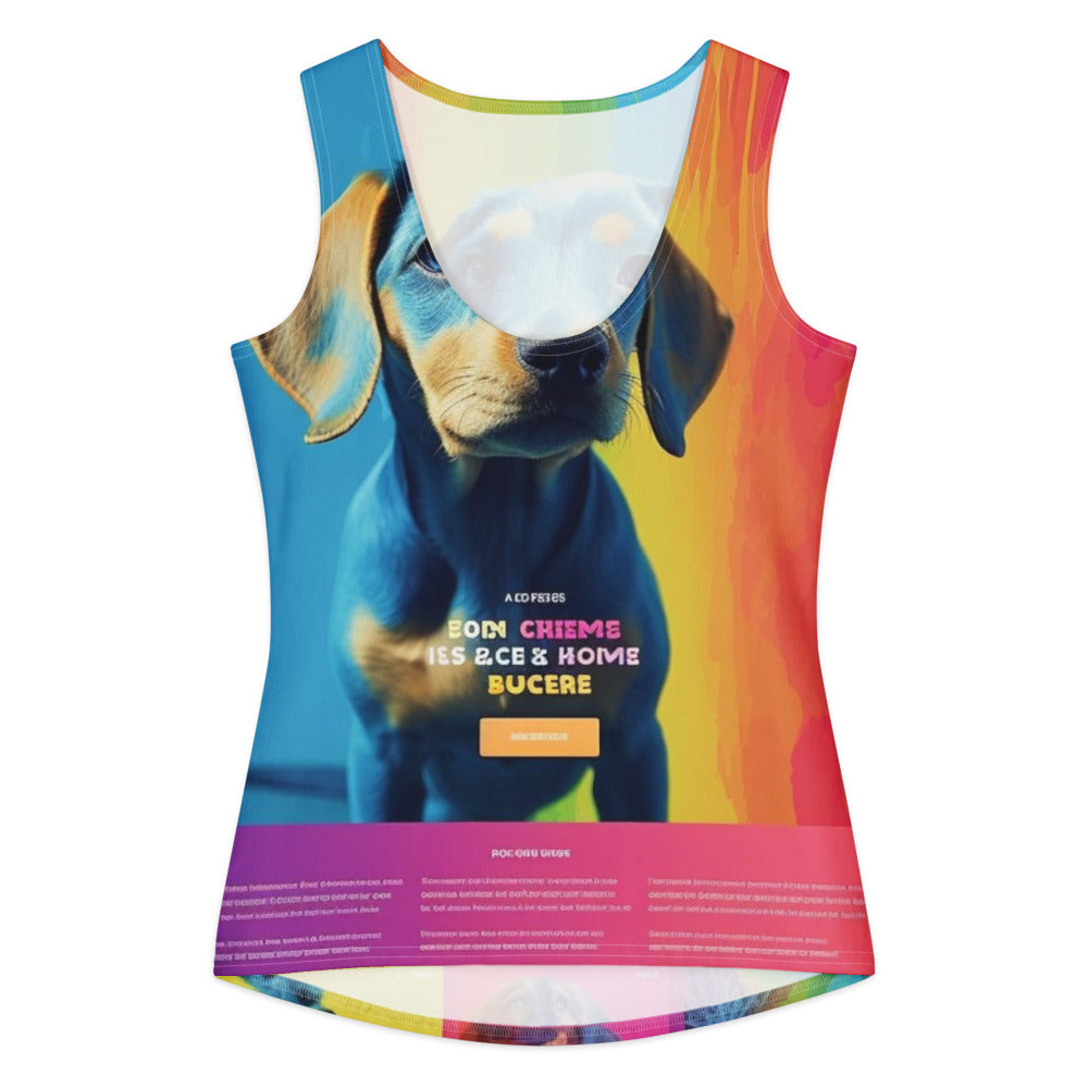 Front of a women's cotton tank top printed all over with a customer photo
