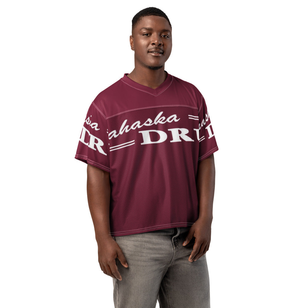 Front of a boxy football jersey printed all over with a customer photo