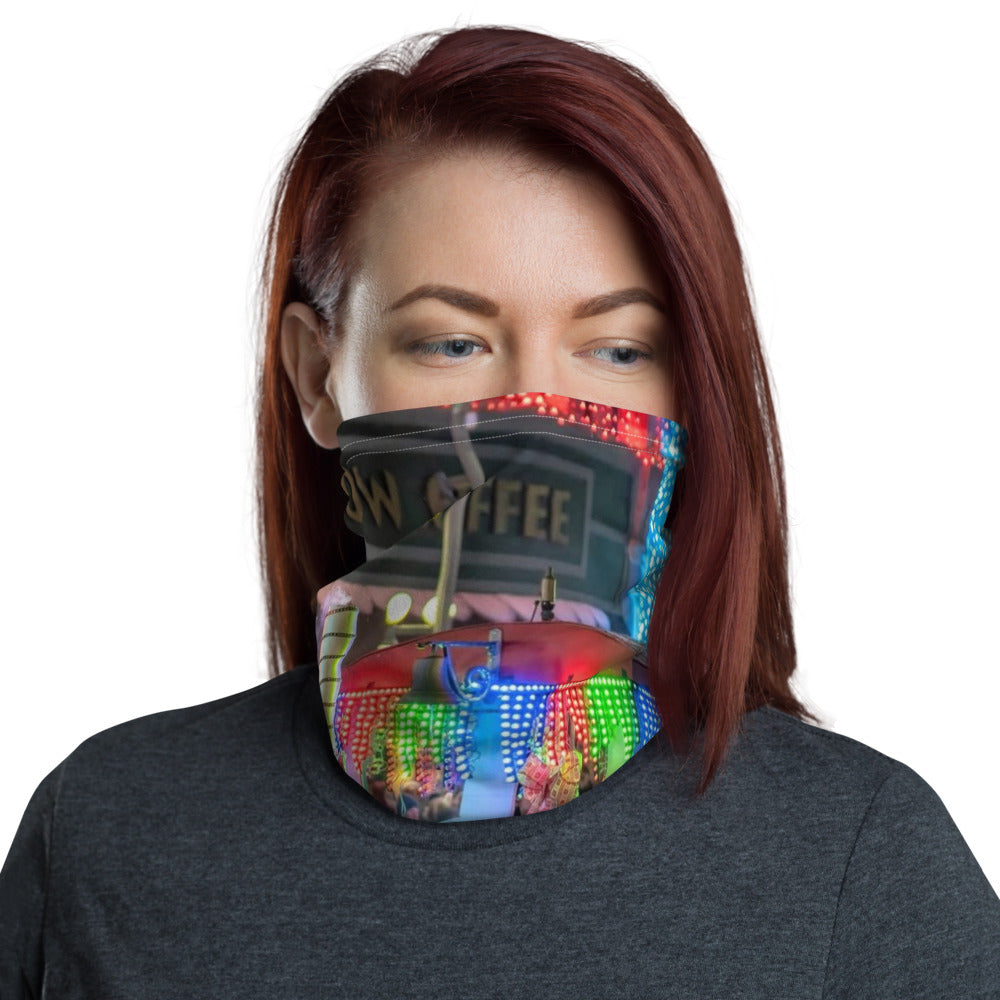 Stretchy neck gaiter printed all over with a customer's photo