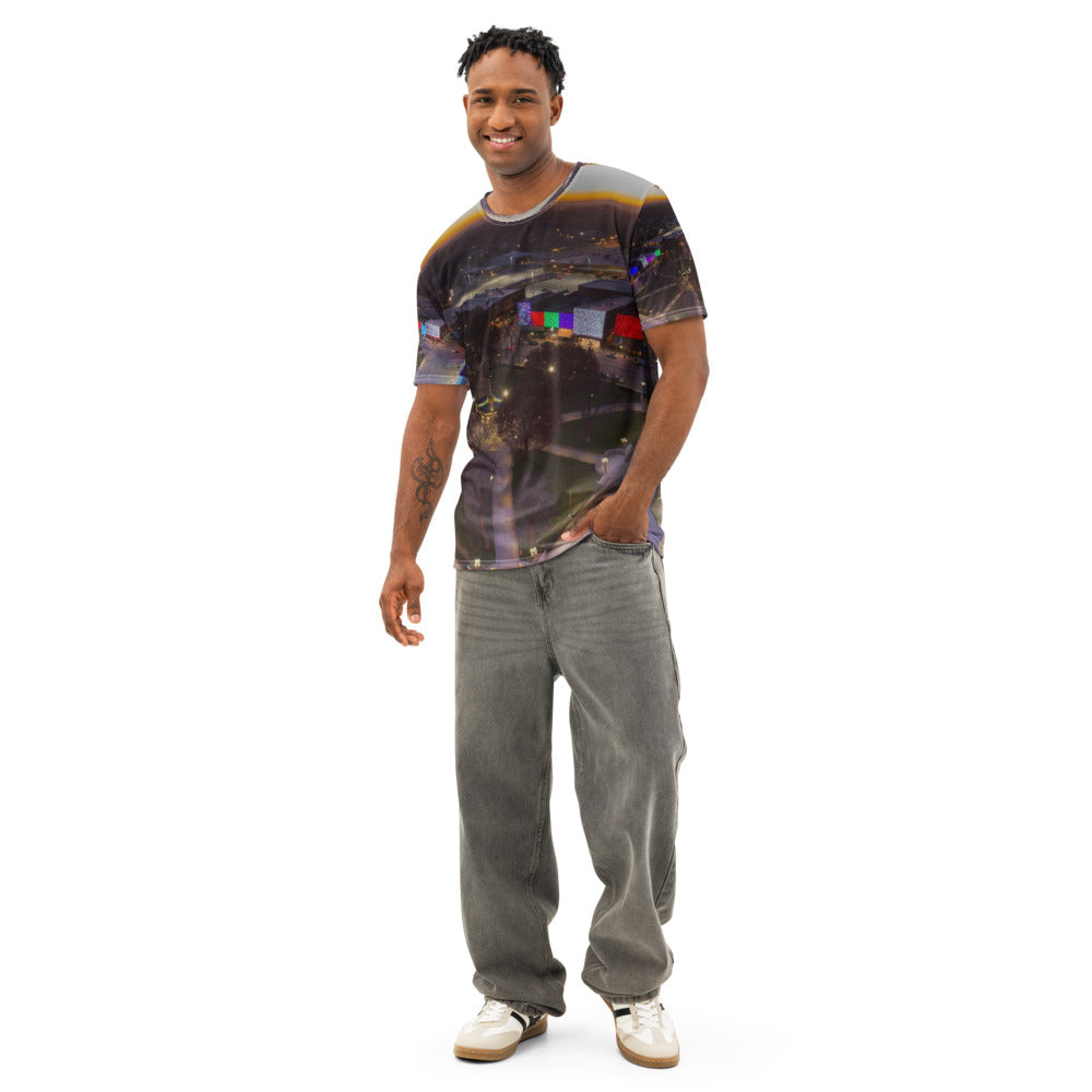 Front of a men's cotton crew neck t-shirt printed all over with a customer photo