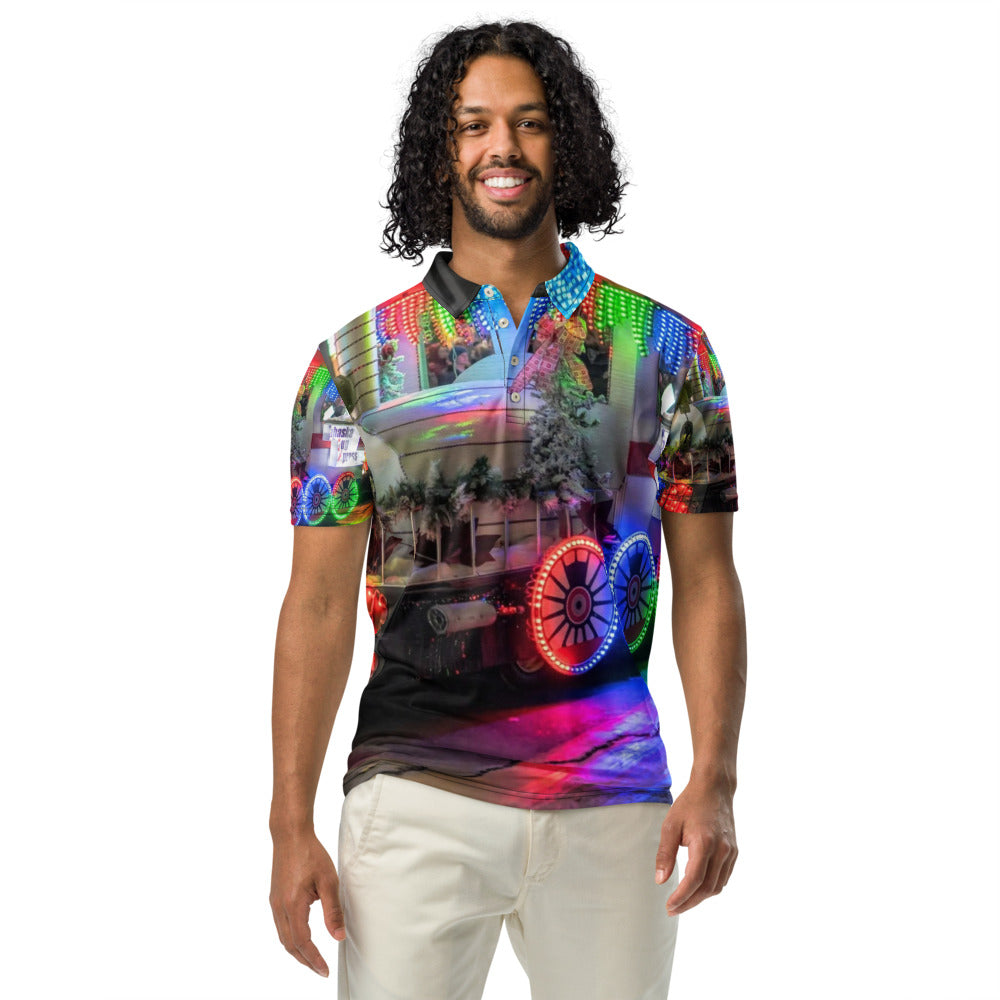 Front of a men's slim fit polo shirt printed all over with a customer photo