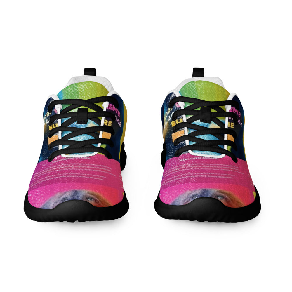 Pair of women's athletic shoes with a customer photo printed on the knit upper