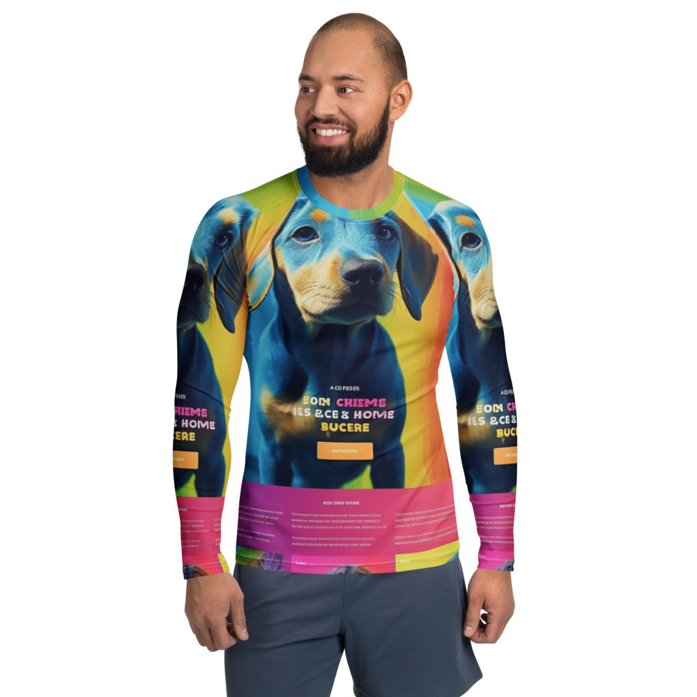 Front of a men's long-sleeve rash guard with a customer photo printed all over it