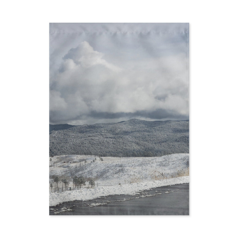 Outdoor Flag shown with a photo of snowy hills printed on it