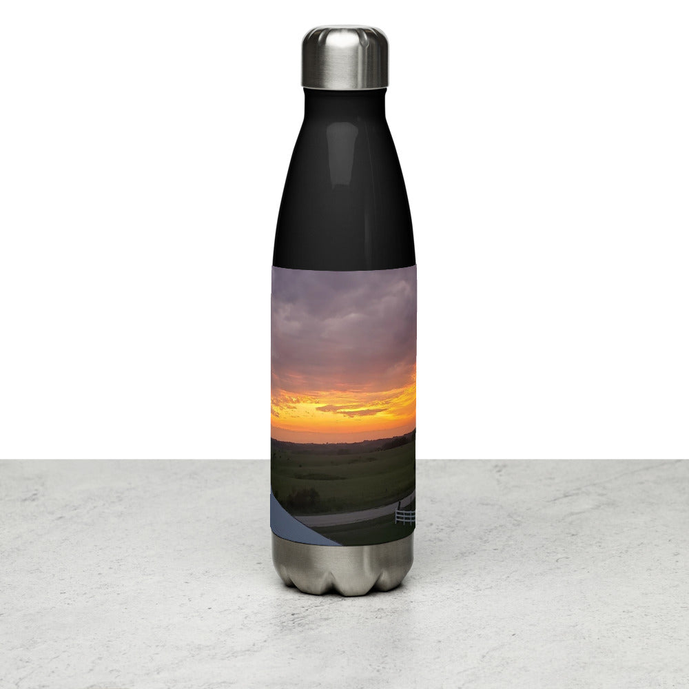 Stainless Steel Water Bottle shown with an Iowa sunset photo printed on it